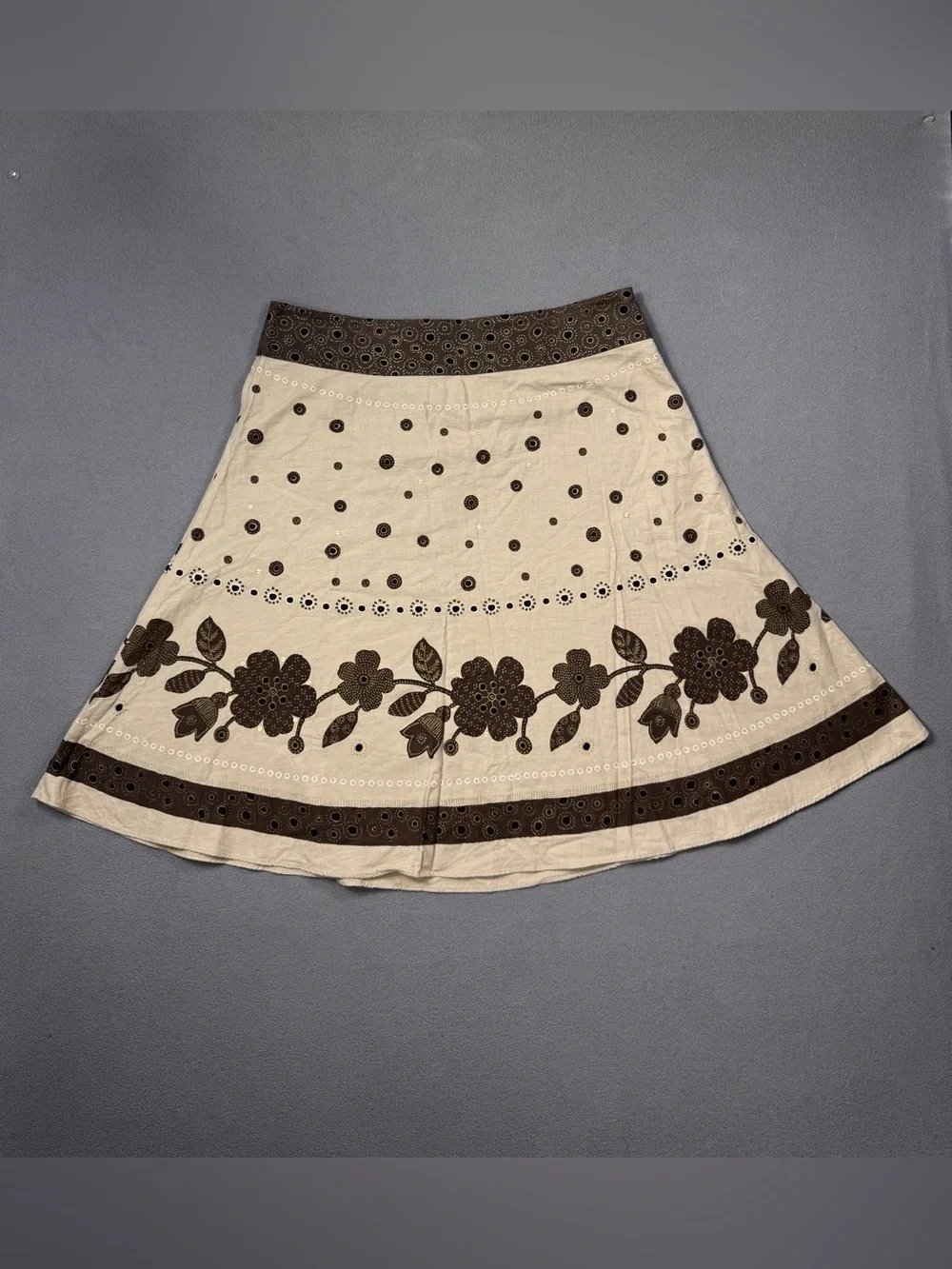 Liz Claiborne Vintage Cottagecore Fairy,Cream A-Line Skirt,Brown Floral Trim, 14